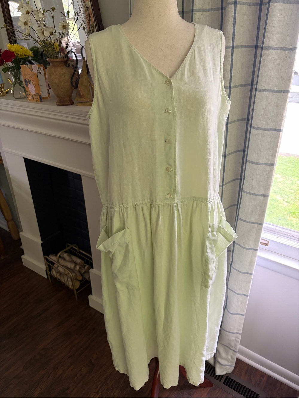 Vintage Linen Green Spencer Tyler Drop Waist Lagenlook Cottage Sleeveless Dress